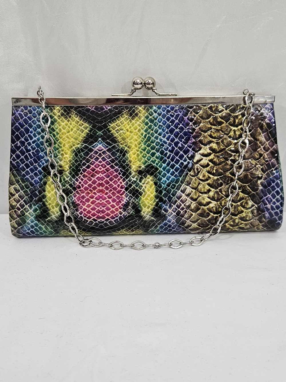 Multicolor Snake-Print Chain Frame Clutch #295